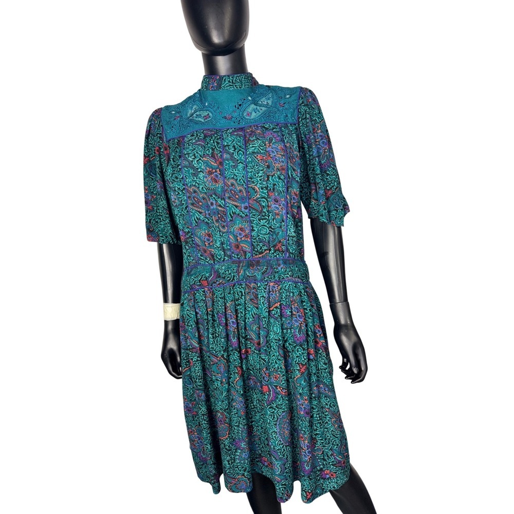 Vintage Phool Paisley Midi Dress‎ Teal Purple Mock Neck Short Sleeve India M